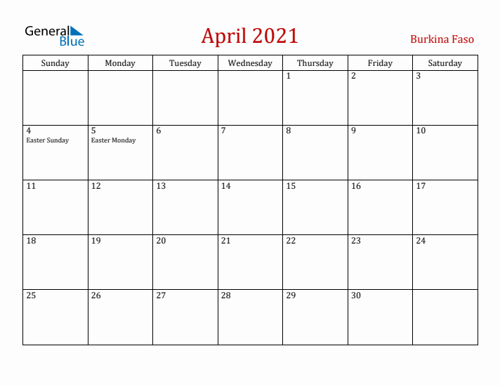 Burkina Faso April 2021 Calendar - Sunday Start
