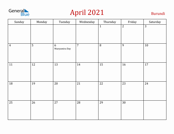 Burundi April 2021 Calendar - Sunday Start