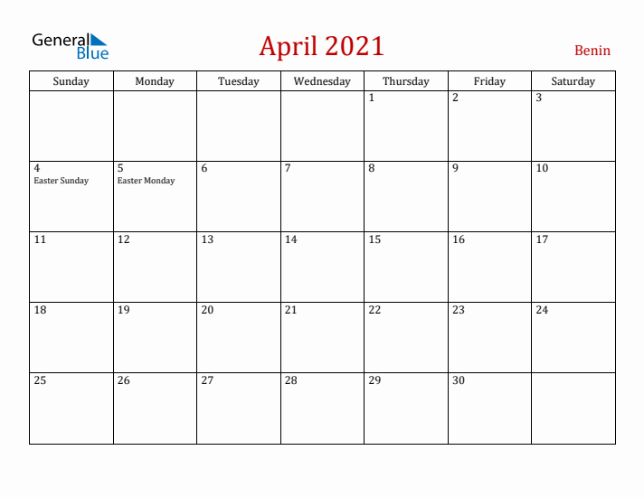 Benin April 2021 Calendar - Sunday Start