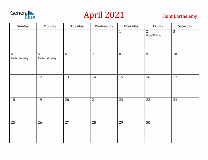 Saint Barthelemy April 2021 Calendar - Sunday Start
