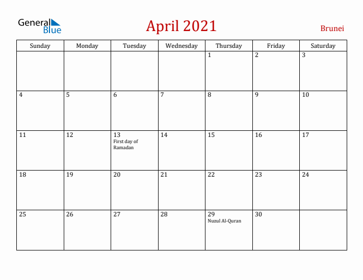 Brunei April 2021 Calendar - Sunday Start