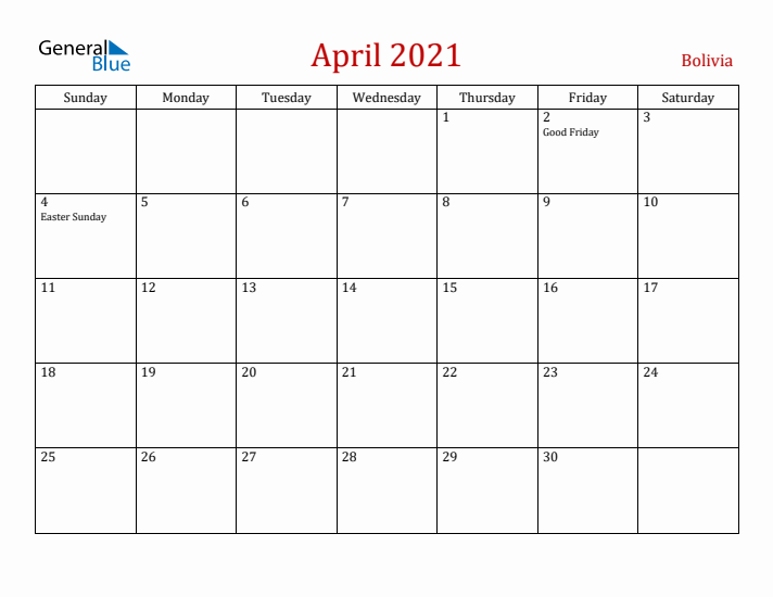 Bolivia April 2021 Calendar - Sunday Start