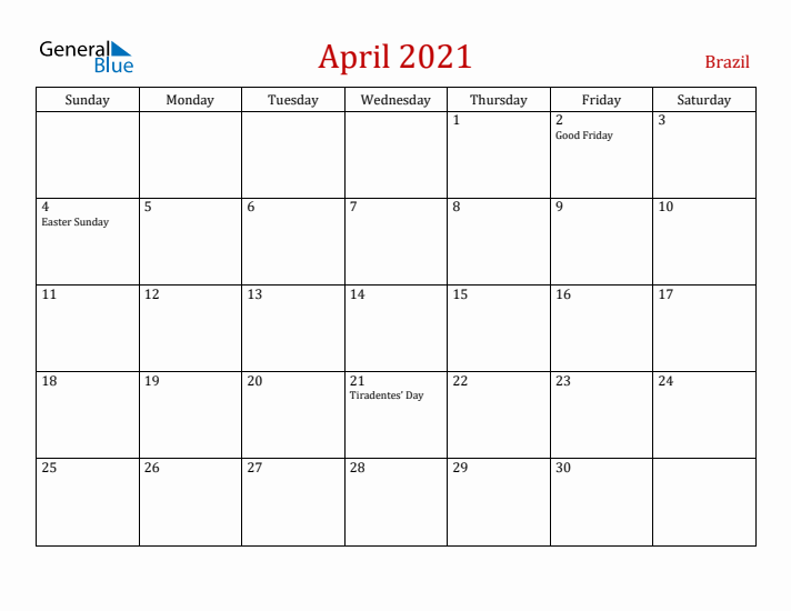 Brazil April 2021 Calendar - Sunday Start