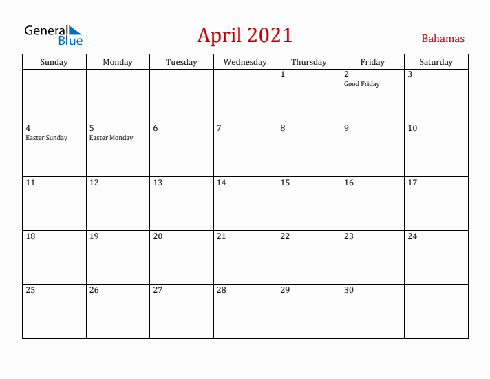 Bahamas April 2021 Calendar - Sunday Start