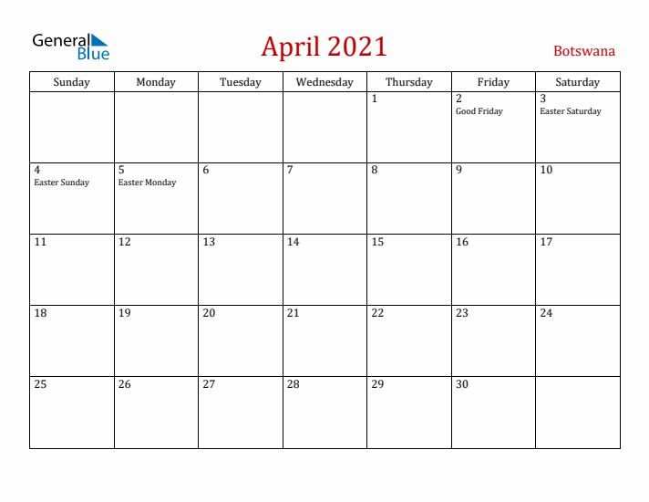 Botswana April 2021 Calendar - Sunday Start