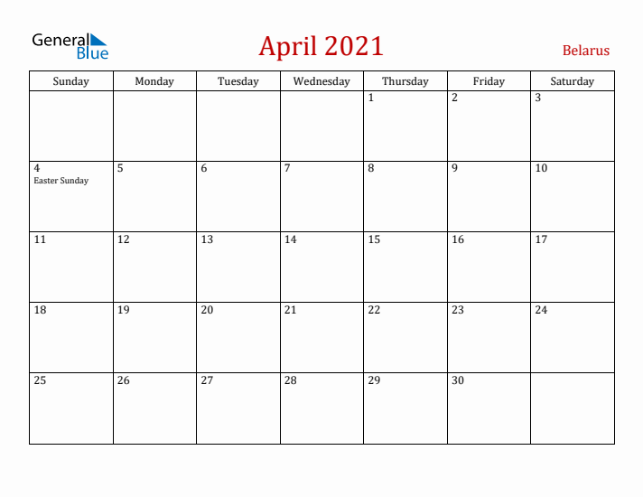 Belarus April 2021 Calendar - Sunday Start