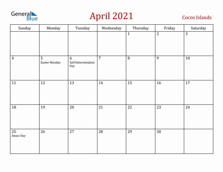 Cocos Islands April 2021 Calendar - Sunday Start