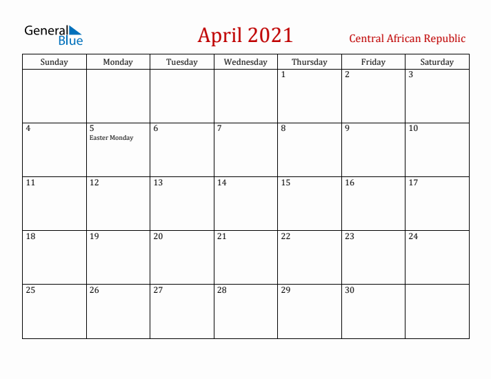 Central African Republic April 2021 Calendar - Sunday Start