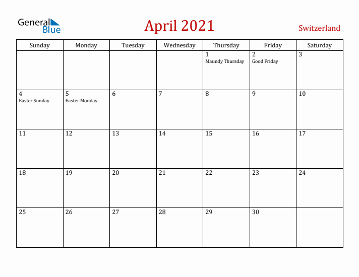 Switzerland April 2021 Calendar - Sunday Start