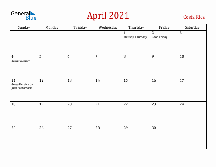 Costa Rica April 2021 Calendar - Sunday Start