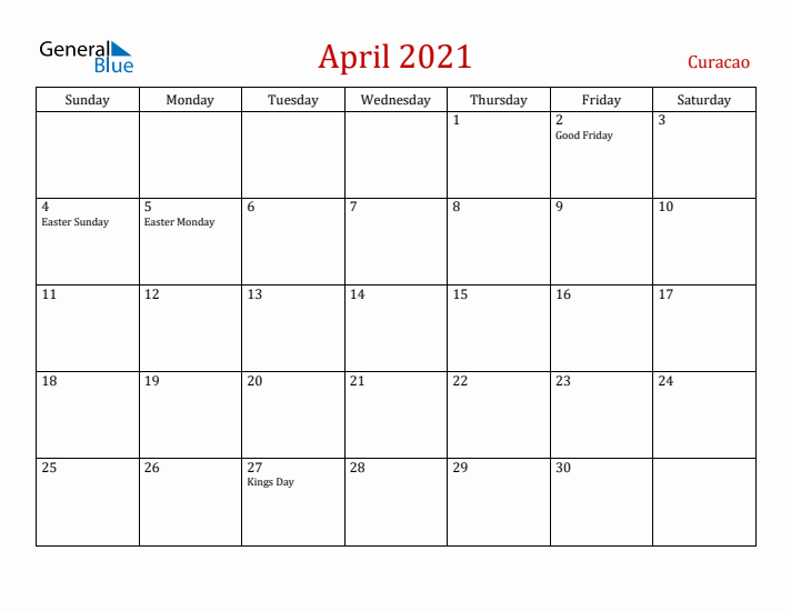 Curacao April 2021 Calendar - Sunday Start