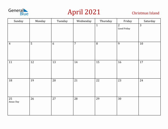 Christmas Island April 2021 Calendar - Sunday Start