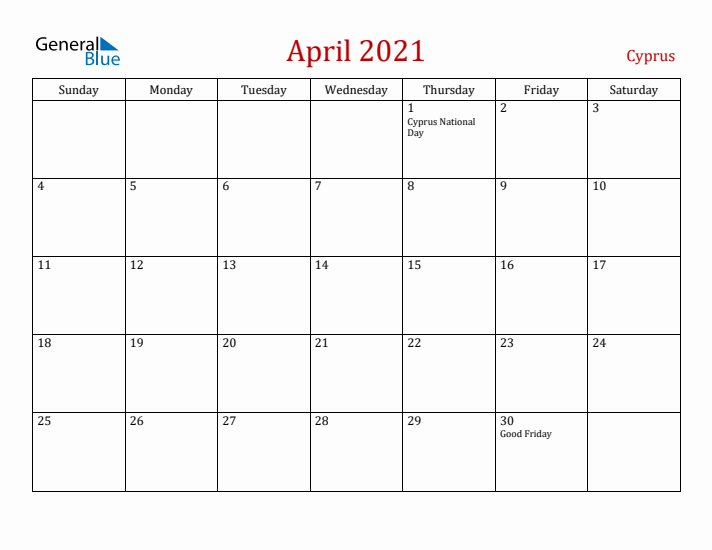 Cyprus April 2021 Calendar - Sunday Start