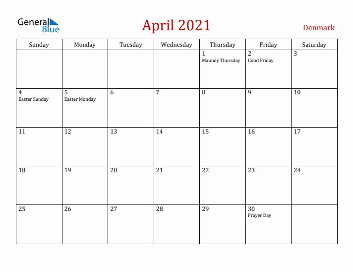 Denmark April 2021 Calendar - Sunday Start