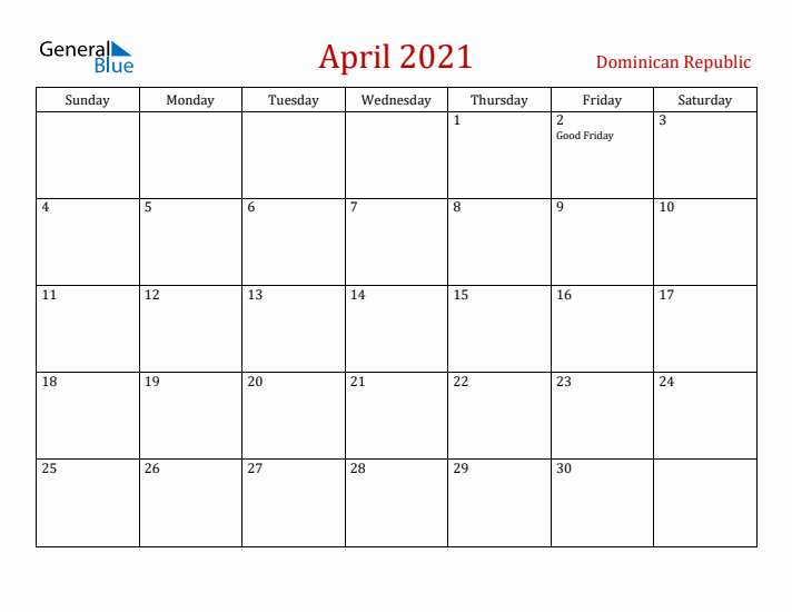 Dominican Republic April 2021 Calendar - Sunday Start