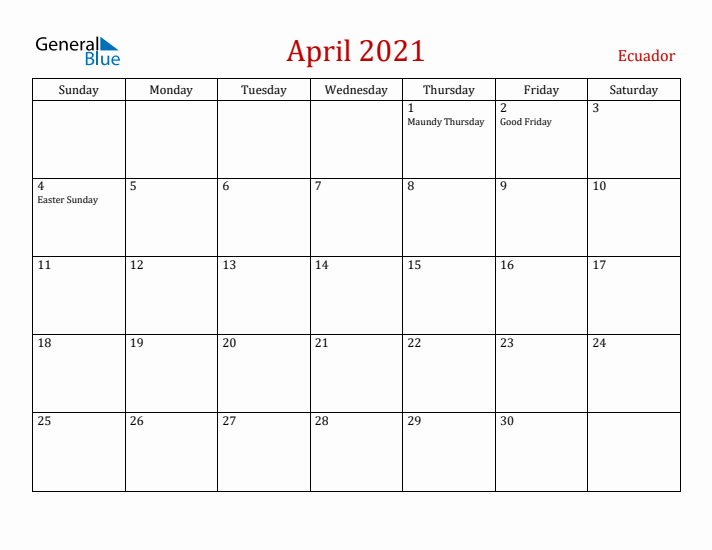 Ecuador April 2021 Calendar - Sunday Start