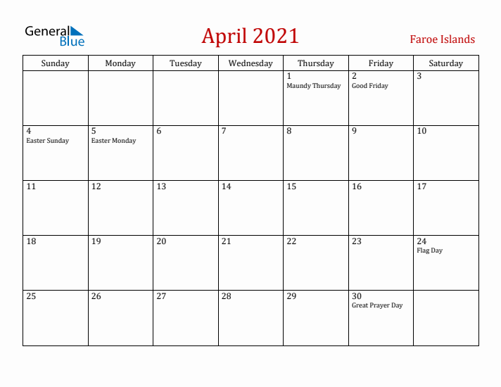 Faroe Islands April 2021 Calendar - Sunday Start
