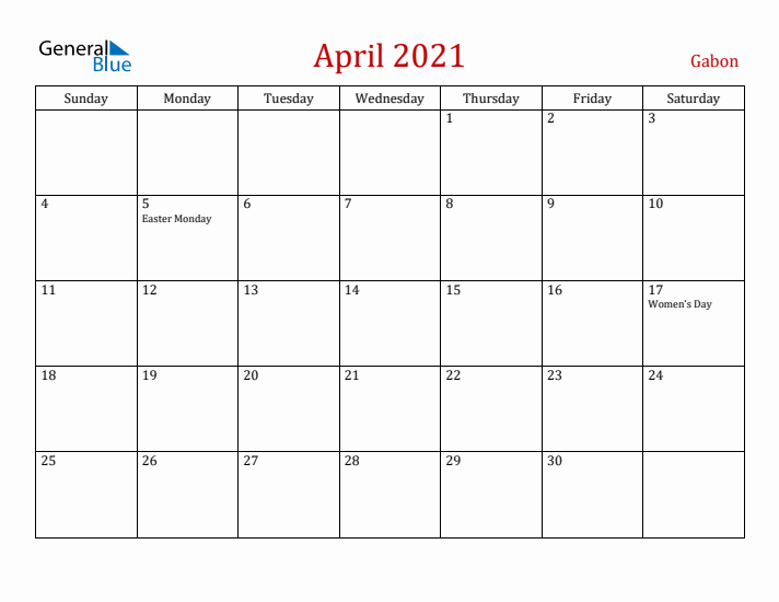 Gabon April 2021 Calendar - Sunday Start