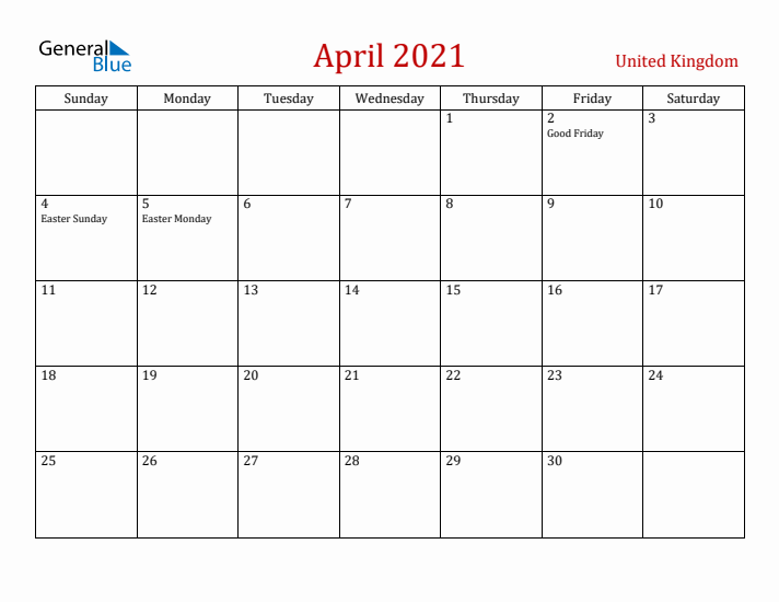 United Kingdom April 2021 Calendar - Sunday Start