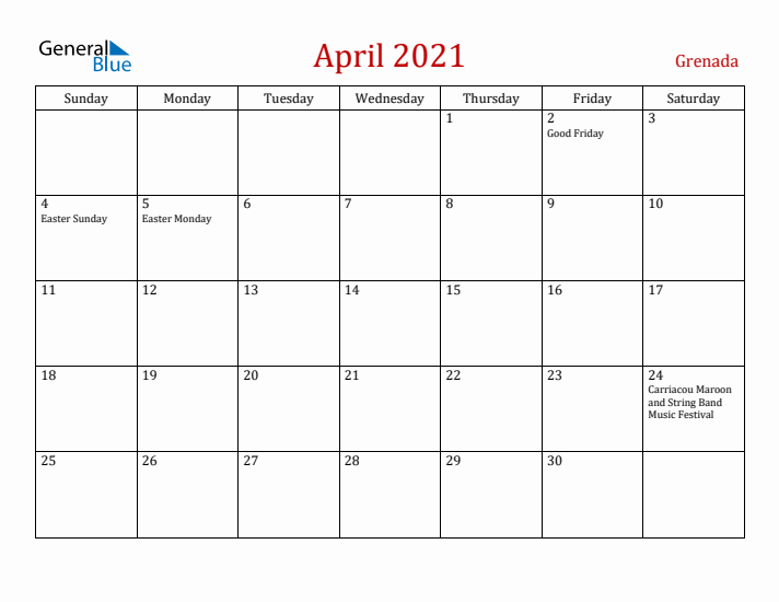 Grenada April 2021 Calendar - Sunday Start