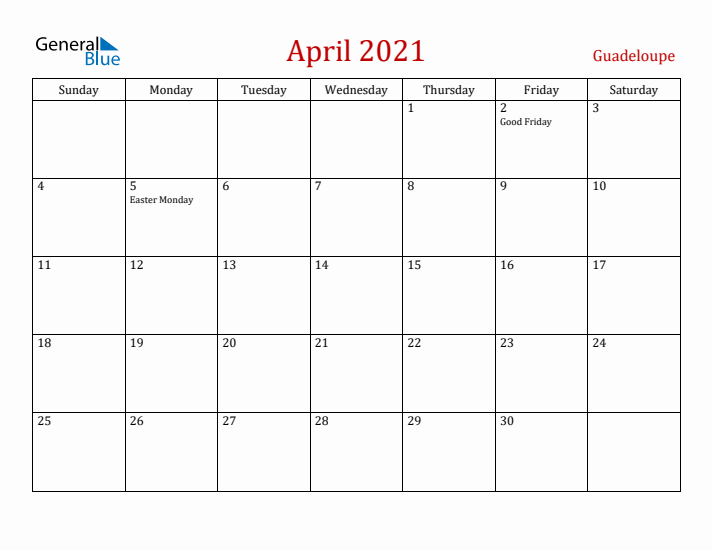 Guadeloupe April 2021 Calendar - Sunday Start