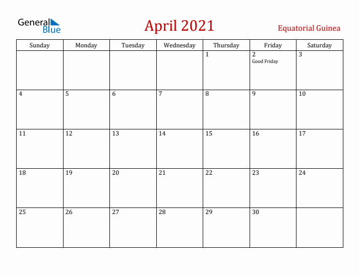 Equatorial Guinea April 2021 Calendar - Sunday Start