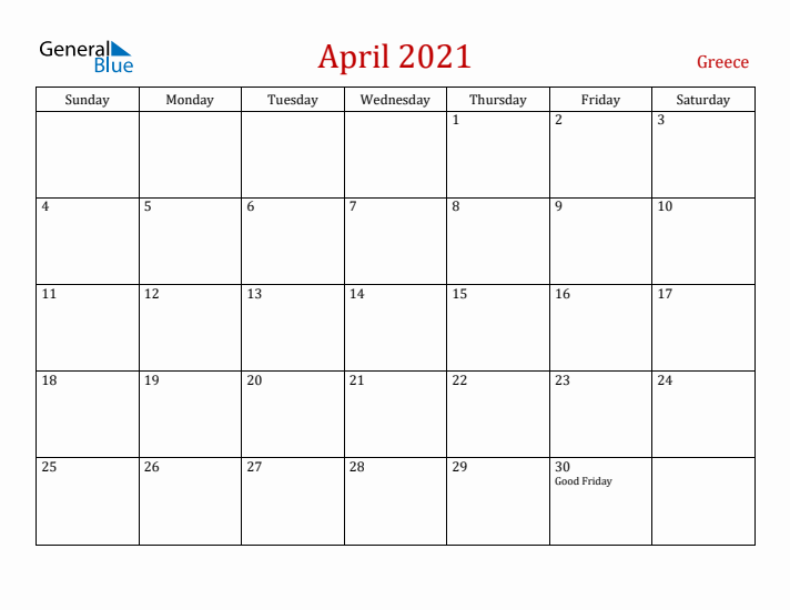 Greece April 2021 Calendar - Sunday Start