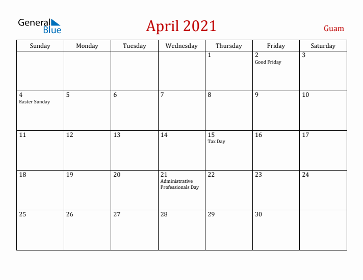 Guam April 2021 Calendar - Sunday Start
