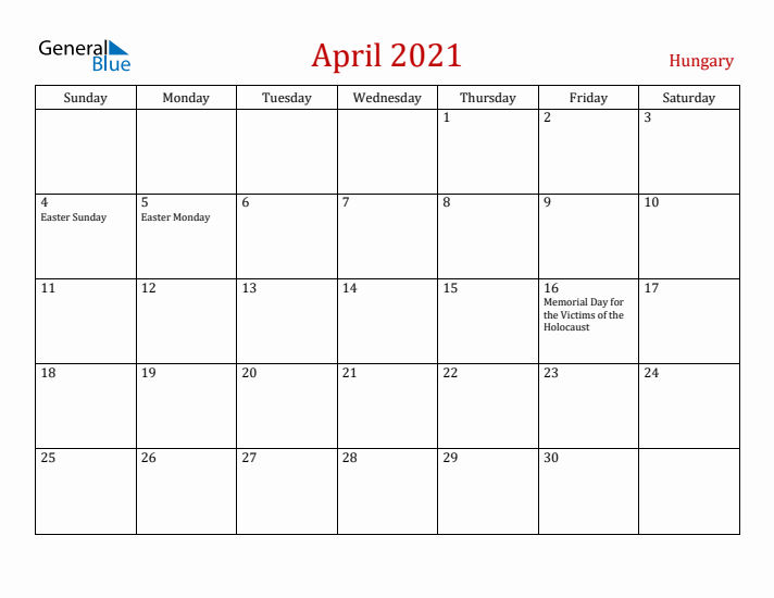 Hungary April 2021 Calendar - Sunday Start