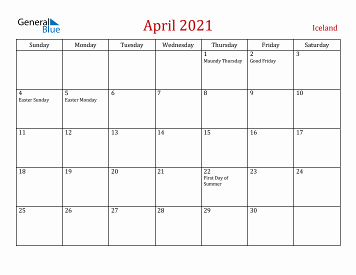 Iceland April 2021 Calendar - Sunday Start
