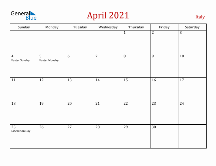 Italy April 2021 Calendar - Sunday Start