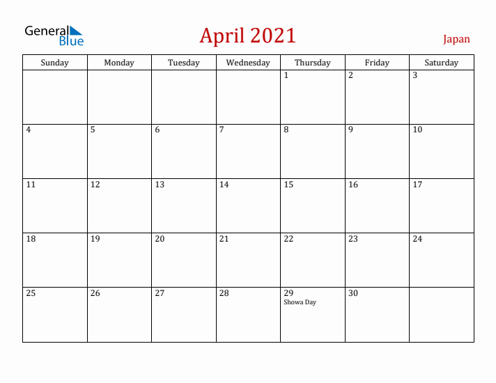 Japan April 2021 Calendar - Sunday Start