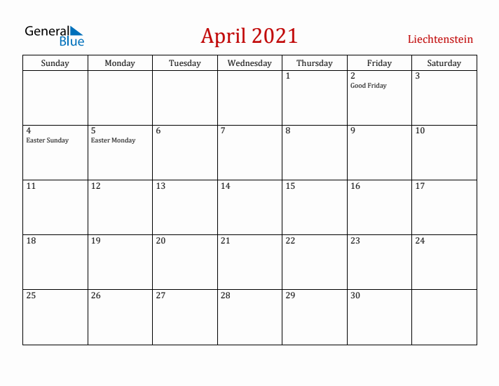 Liechtenstein April 2021 Calendar - Sunday Start