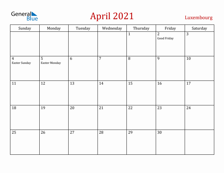 Luxembourg April 2021 Calendar - Sunday Start