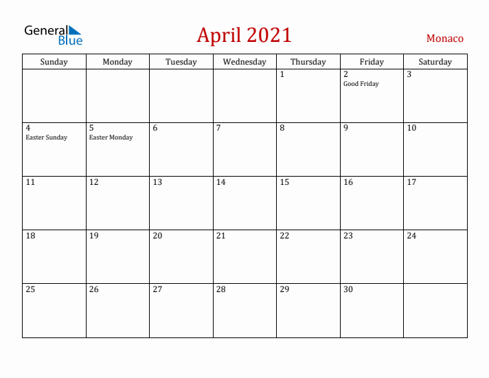 Monaco April 2021 Calendar - Sunday Start