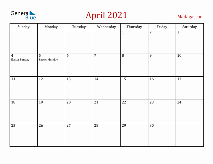Madagascar April 2021 Calendar - Sunday Start
