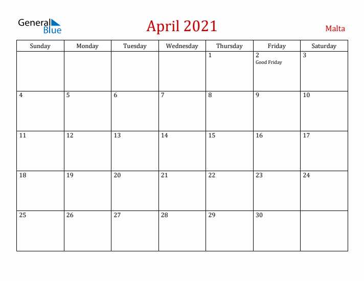 Malta April 2021 Calendar - Sunday Start