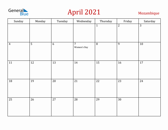 Mozambique April 2021 Calendar - Sunday Start