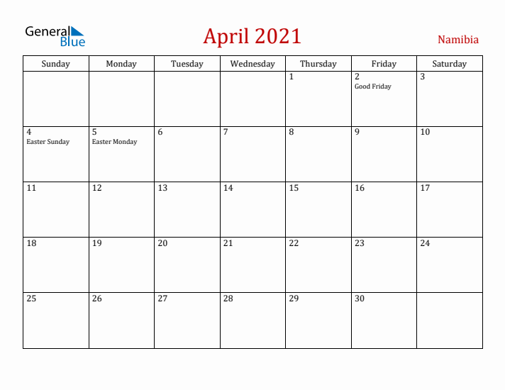 Namibia April 2021 Calendar - Sunday Start