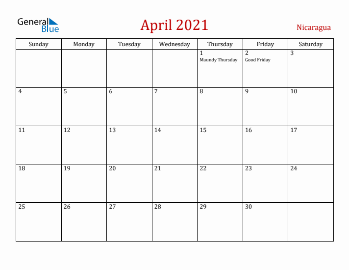 Nicaragua April 2021 Calendar - Sunday Start