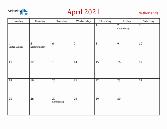 The Netherlands April 2021 Calendar - Sunday Start