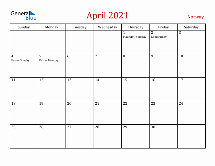 Norway April 2021 Calendar - Sunday Start