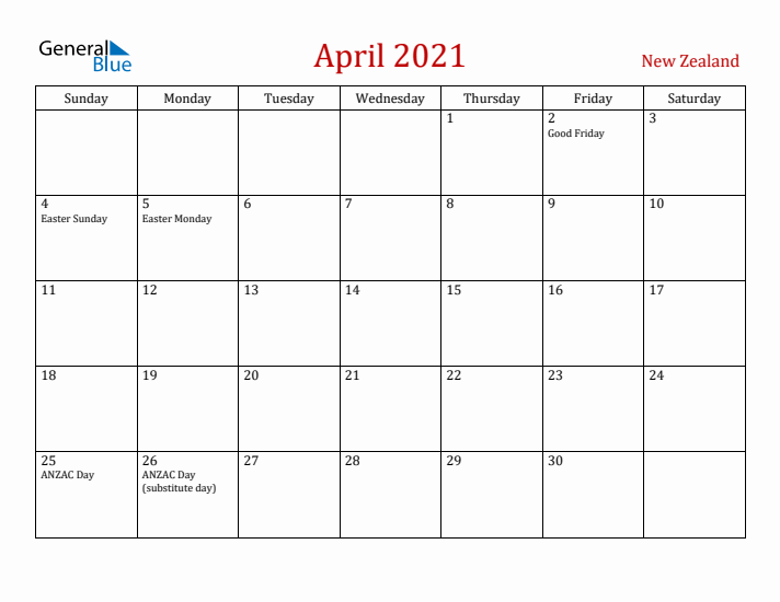 New Zealand April 2021 Calendar - Sunday Start