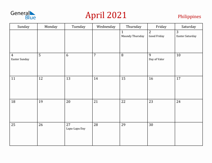 Philippines April 2021 Calendar - Sunday Start