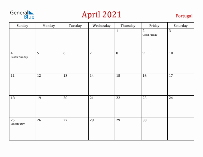 Portugal April 2021 Calendar - Sunday Start