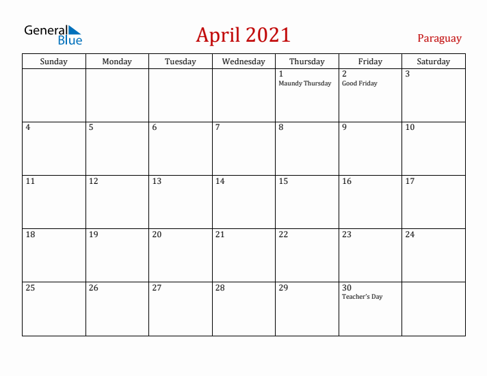 Paraguay April 2021 Calendar - Sunday Start