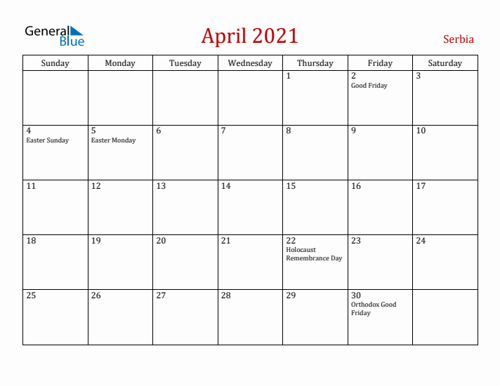 Serbia April 2021 Calendar - Sunday Start