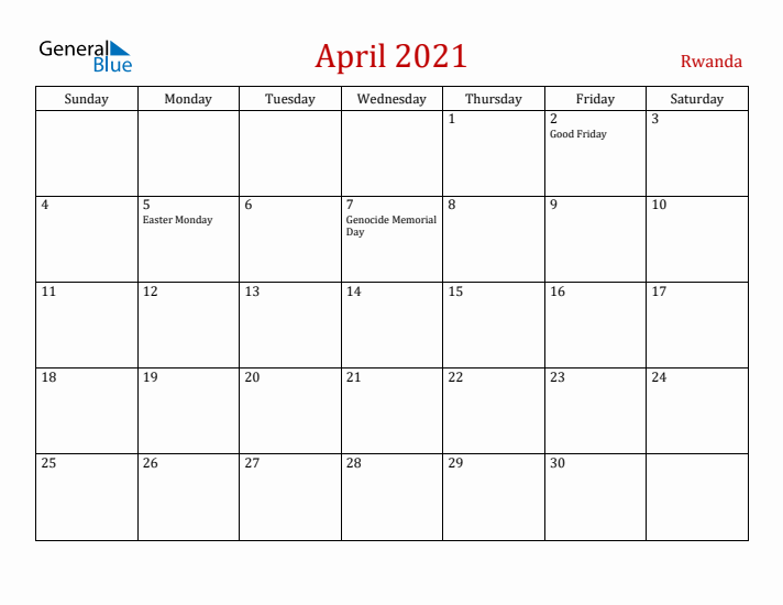 Rwanda April 2021 Calendar - Sunday Start