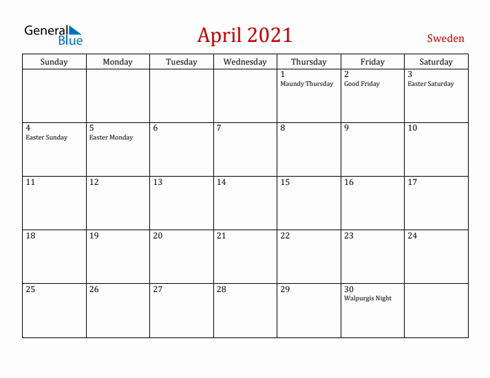 Sweden April 2021 Calendar - Sunday Start