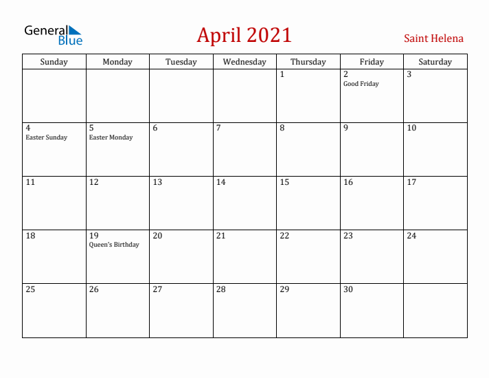 Saint Helena April 2021 Calendar - Sunday Start